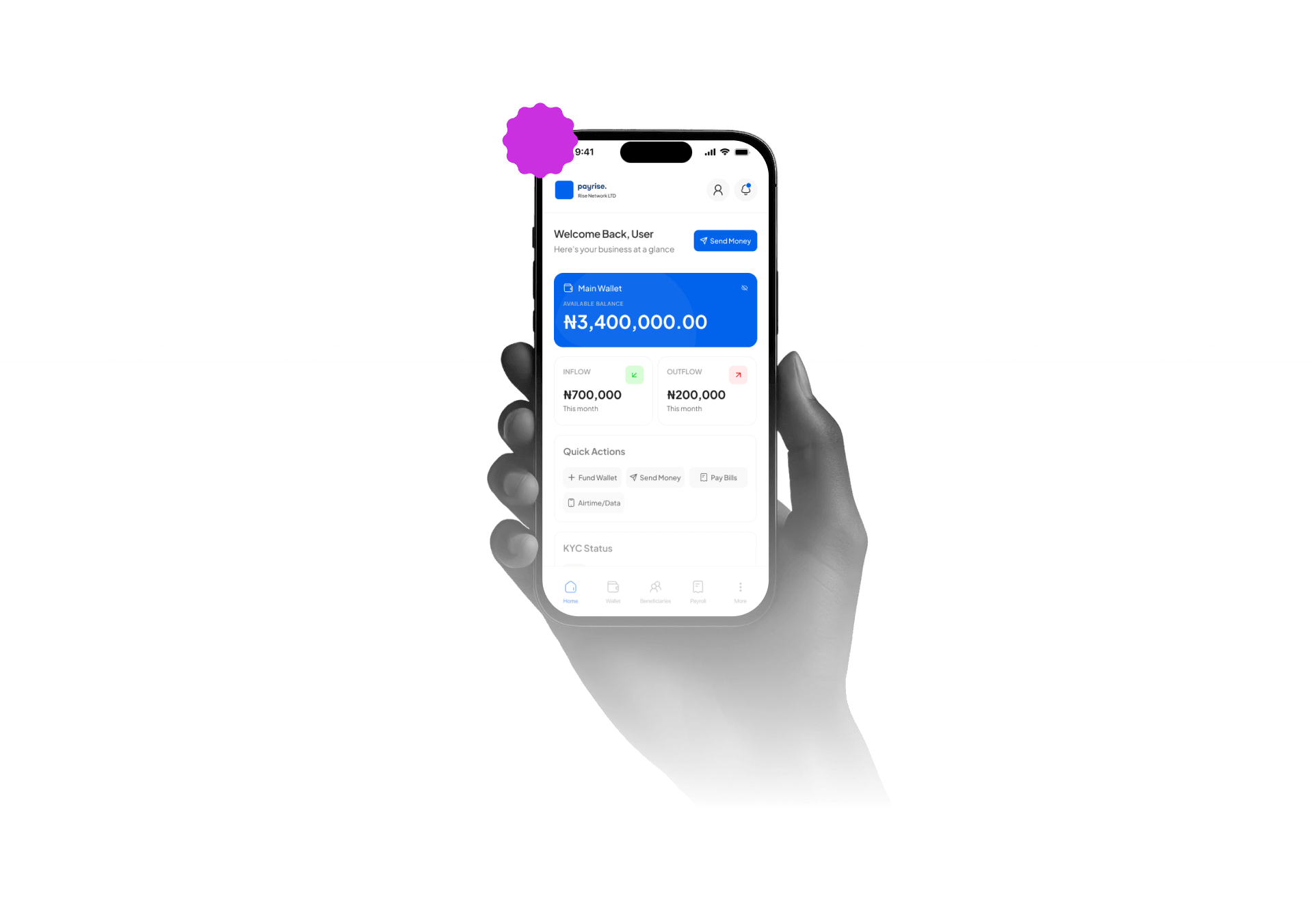 Hand holding phone with Payrise app