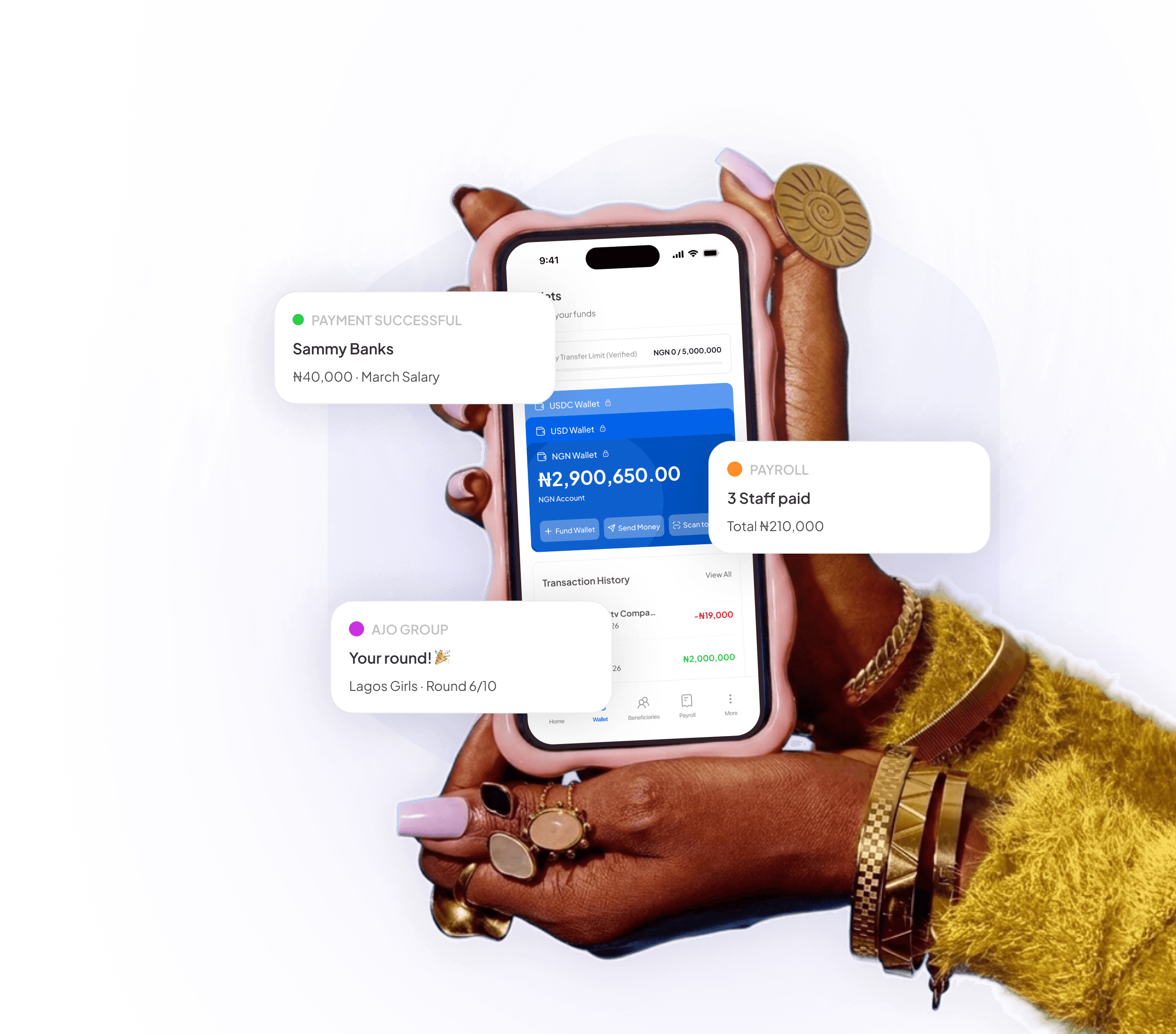 Hand holding phone showing Payrise app